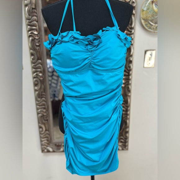 KENNETH COLE BLUE RUFFLE RUCHED WAIST HALTER ONE PIECE SWIM/BATHING SUIT SZ M - Picture 10 of 10